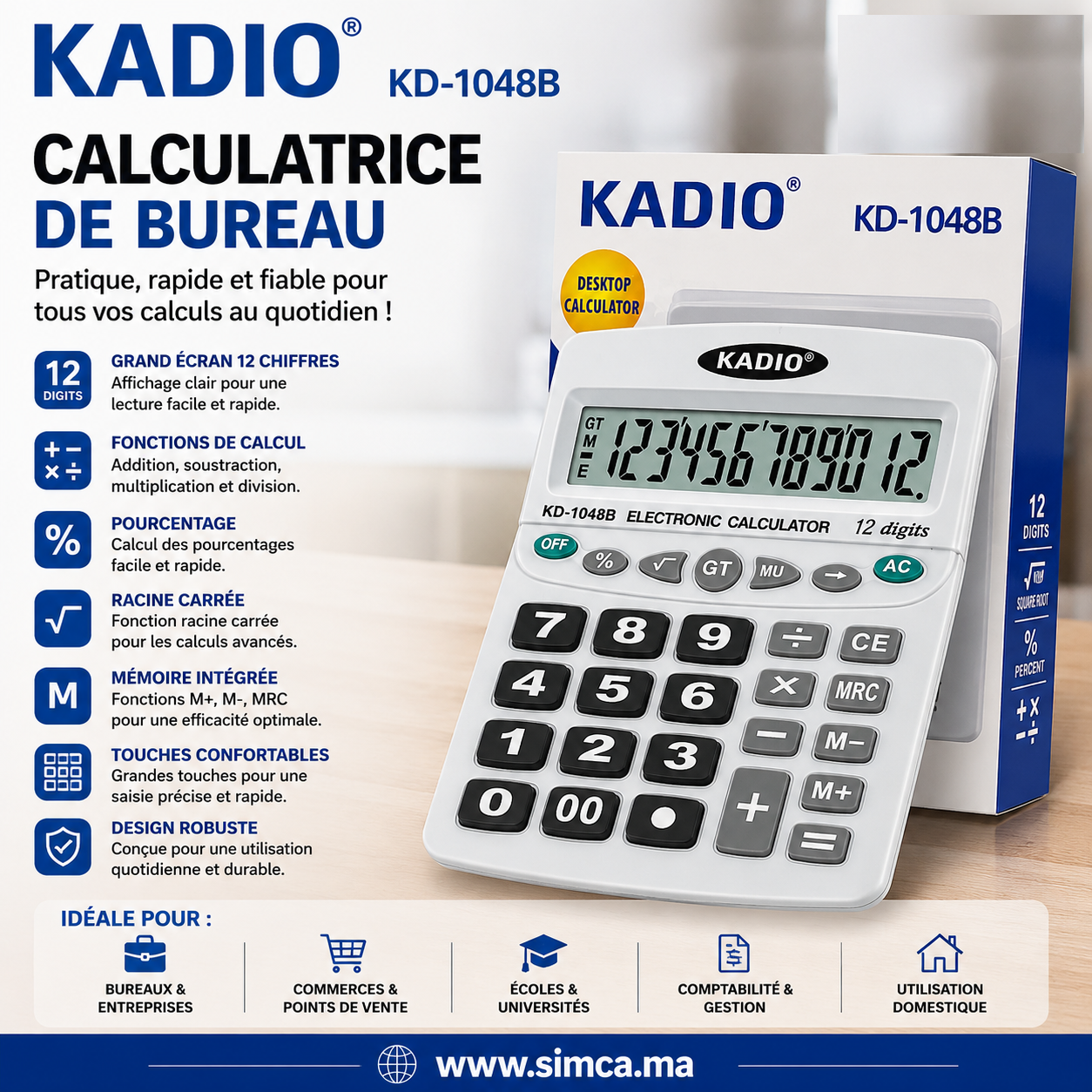 d0bbd6d3-2f96-4d58-9ae4-64fc2e7eff9f Calculatrice de Bureau KADIO KD-1048B – 12 Chiffres – Image 1